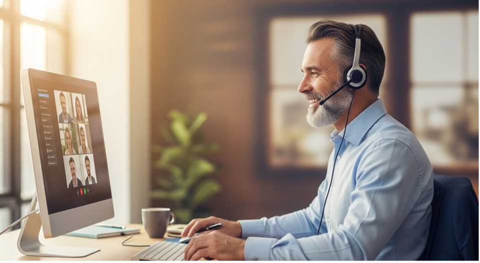 A person on a computer with a headset