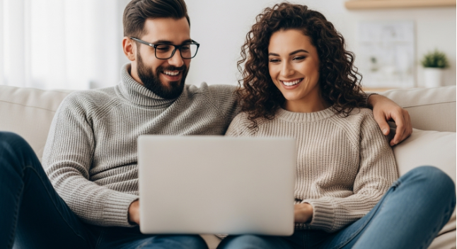 Happy couple planning their finances on a laptop at home