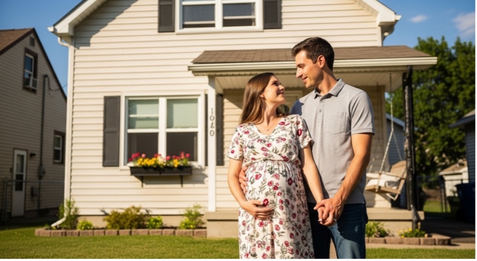 An expectant couple holds hands and smiles at each other in the front yard of their home.
